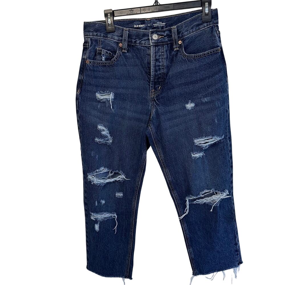 Womans old navy high-rise slouchy straight button up distressed jeans 6